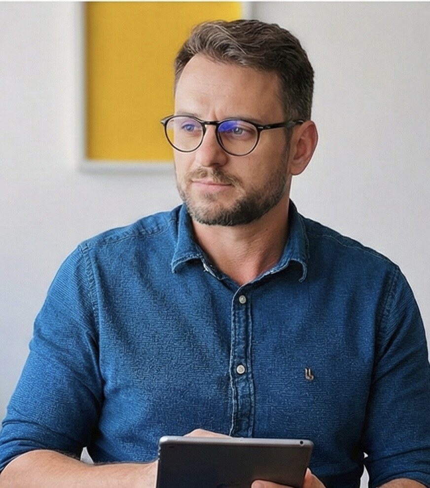Dr. Thiago Ferro com tablet durante o trabalho no consultório